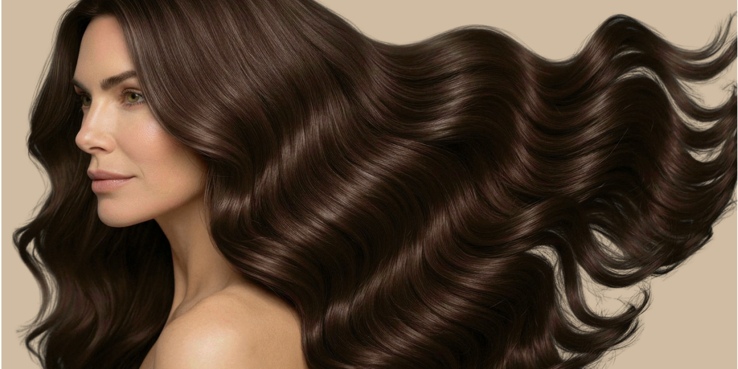 Model mit langen, welligen dunkelbraunen Haaren für Glow Secret