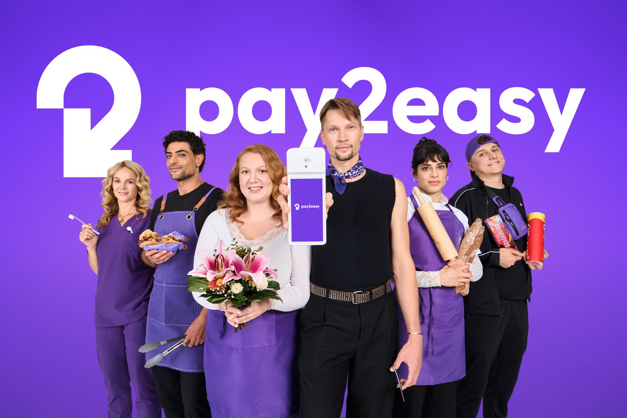 pay2easy Fintech-Kampagne: sechs Geschäftsfiguren mit Zahlungsterminal
