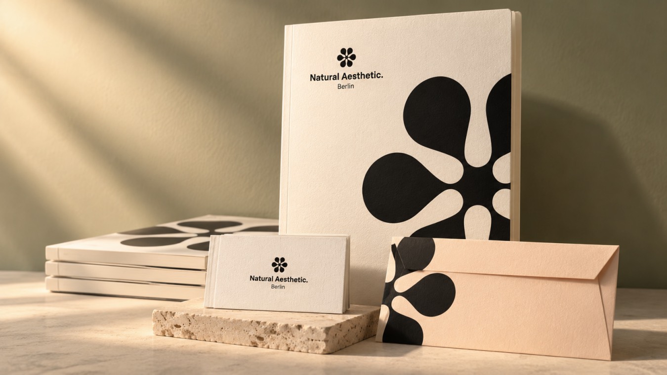 Geschäftsausstattung für Natural Aesthetic mit Mappen, Visitenkarte und Umschlag