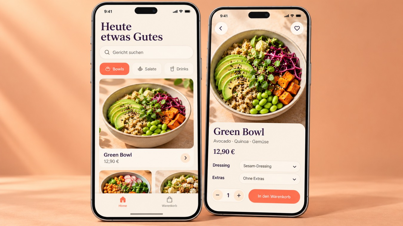 Leistungsvisualisierung: Mobile Food-App mit Bowl-Auswahl und Bestellung