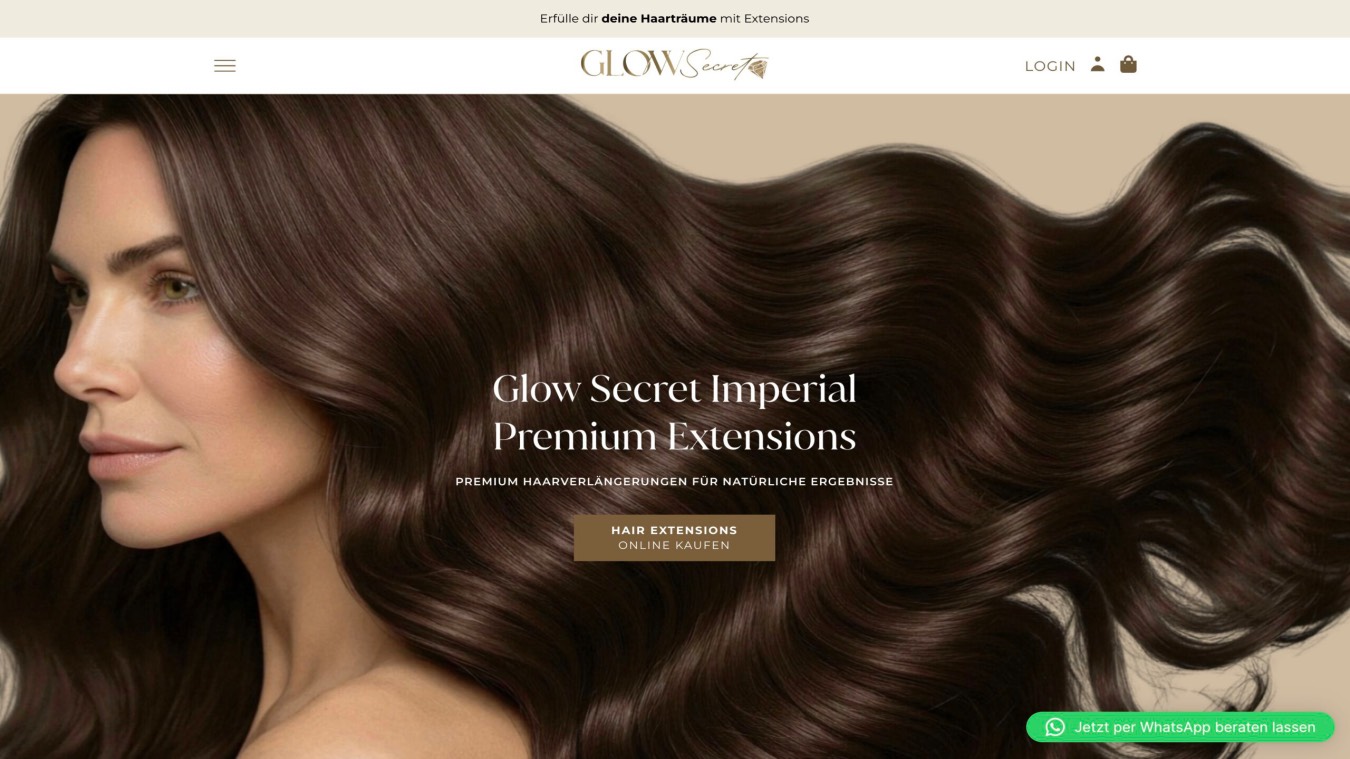 Startseite von Glow Secret mit großem Haarmotiv, heller Shopnavigation und einem Kaufbutton für Hair Extensions